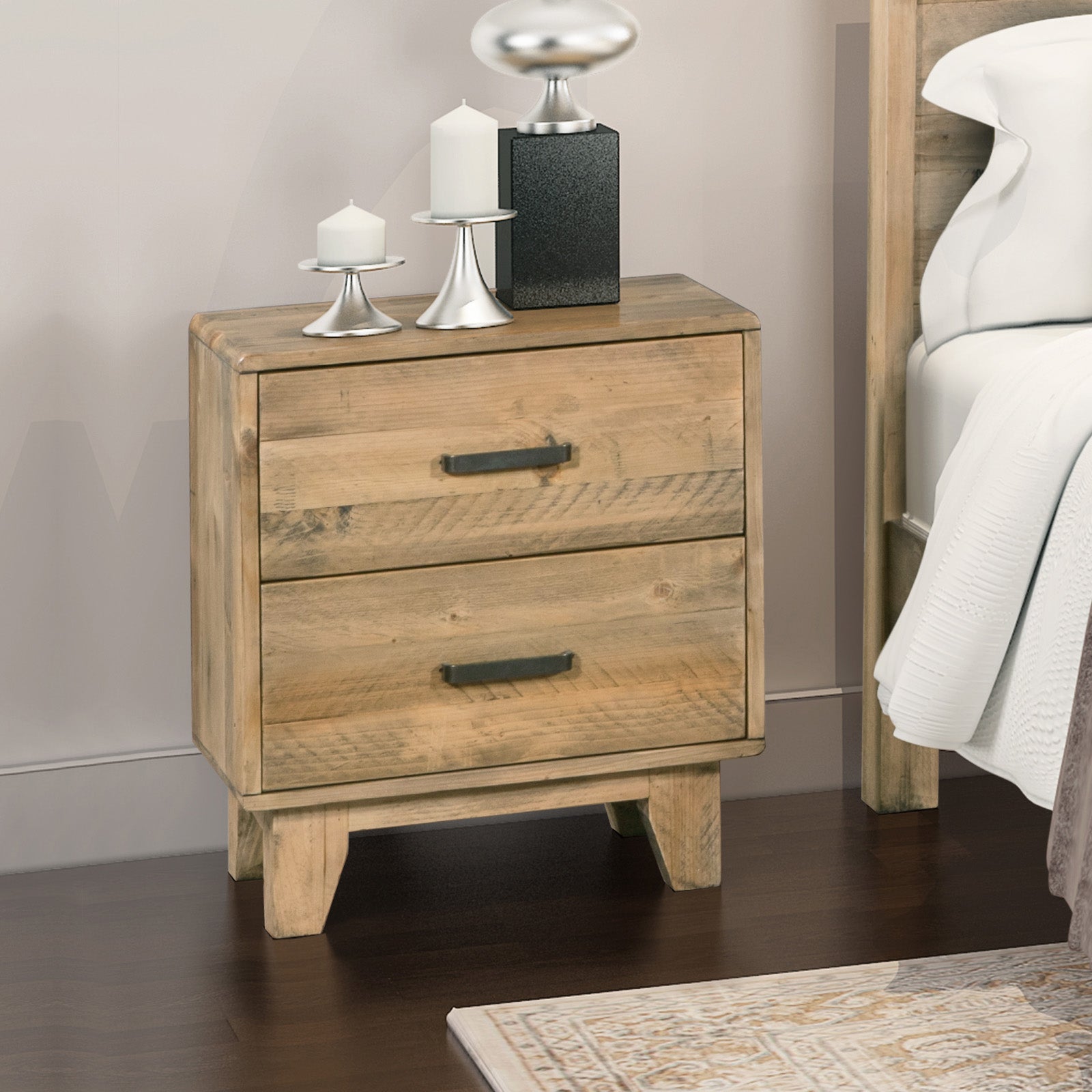 Wesley Bedside Table 2 drawers Night Stand Solid Wood Storage Light Brown Colour