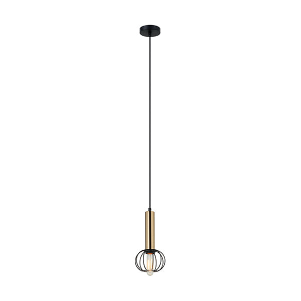 Pendant Light ES Antique Brass with Matte Black Cage Round OD150mm