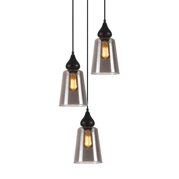 Pendant Light ES 3X72W Black Smokey Glass Flat Top OD370mmxH1100mm