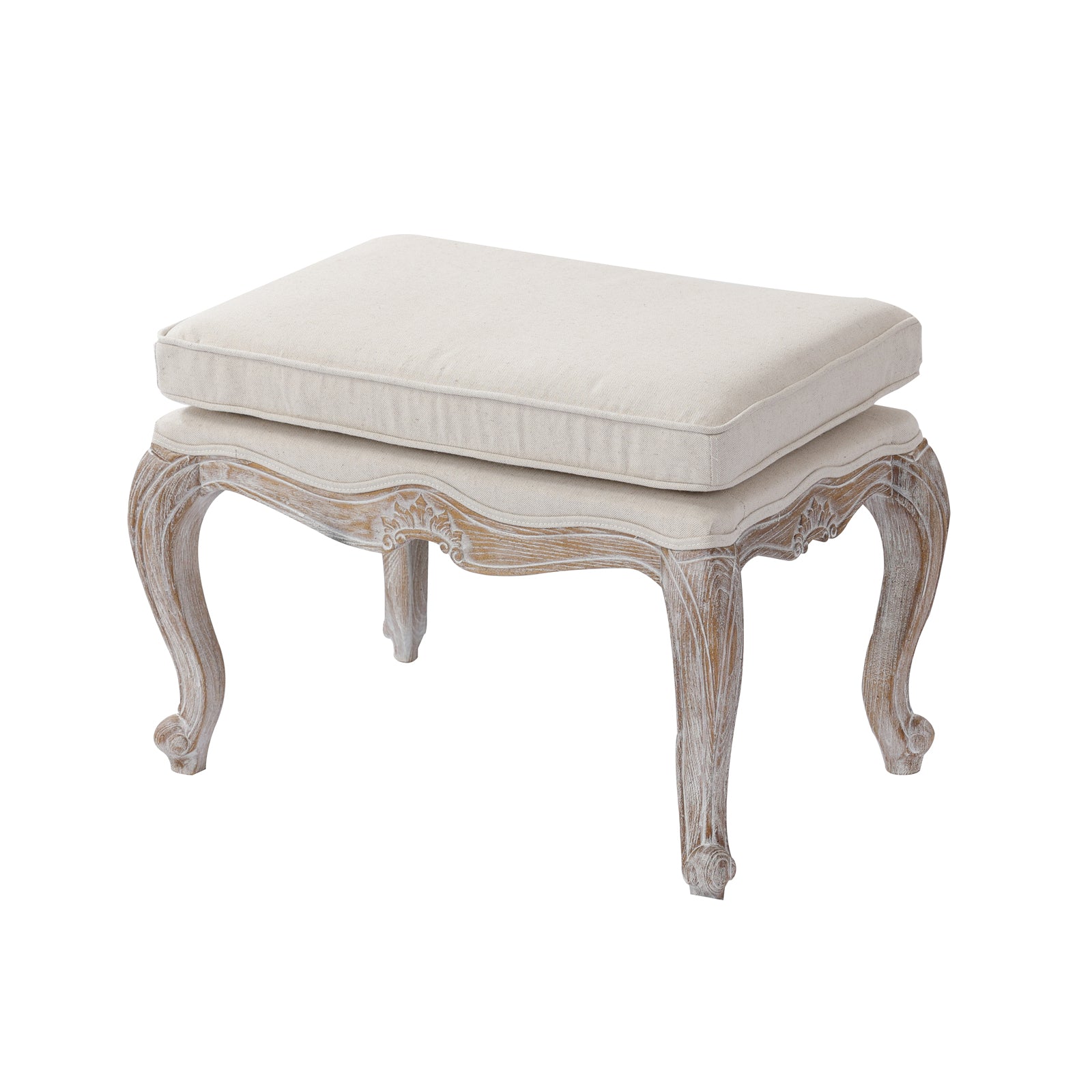 Lori Ottoman White Washed Wooden & Beige Color Fabric