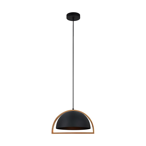 Pendant Light ES Matte Black Dome with Wood Frame OD370mm