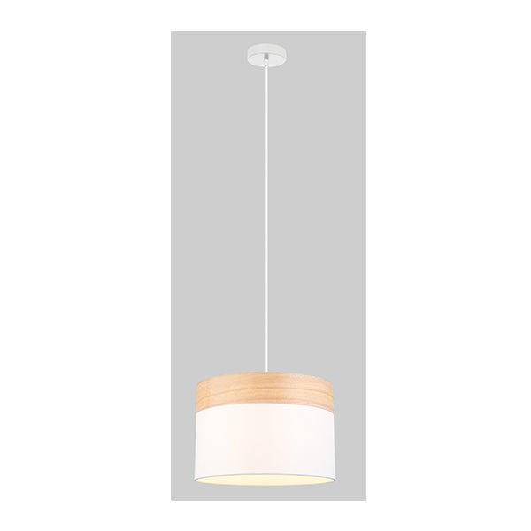 Pendant Light ES White Cloth Medium Round with Wood Highlights OD300mm