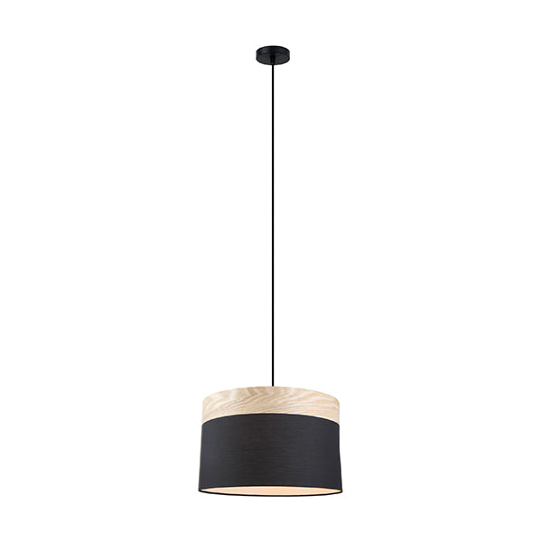 Pendant Light ES Black Cloth Large Round with Wood Highlights OD400mm