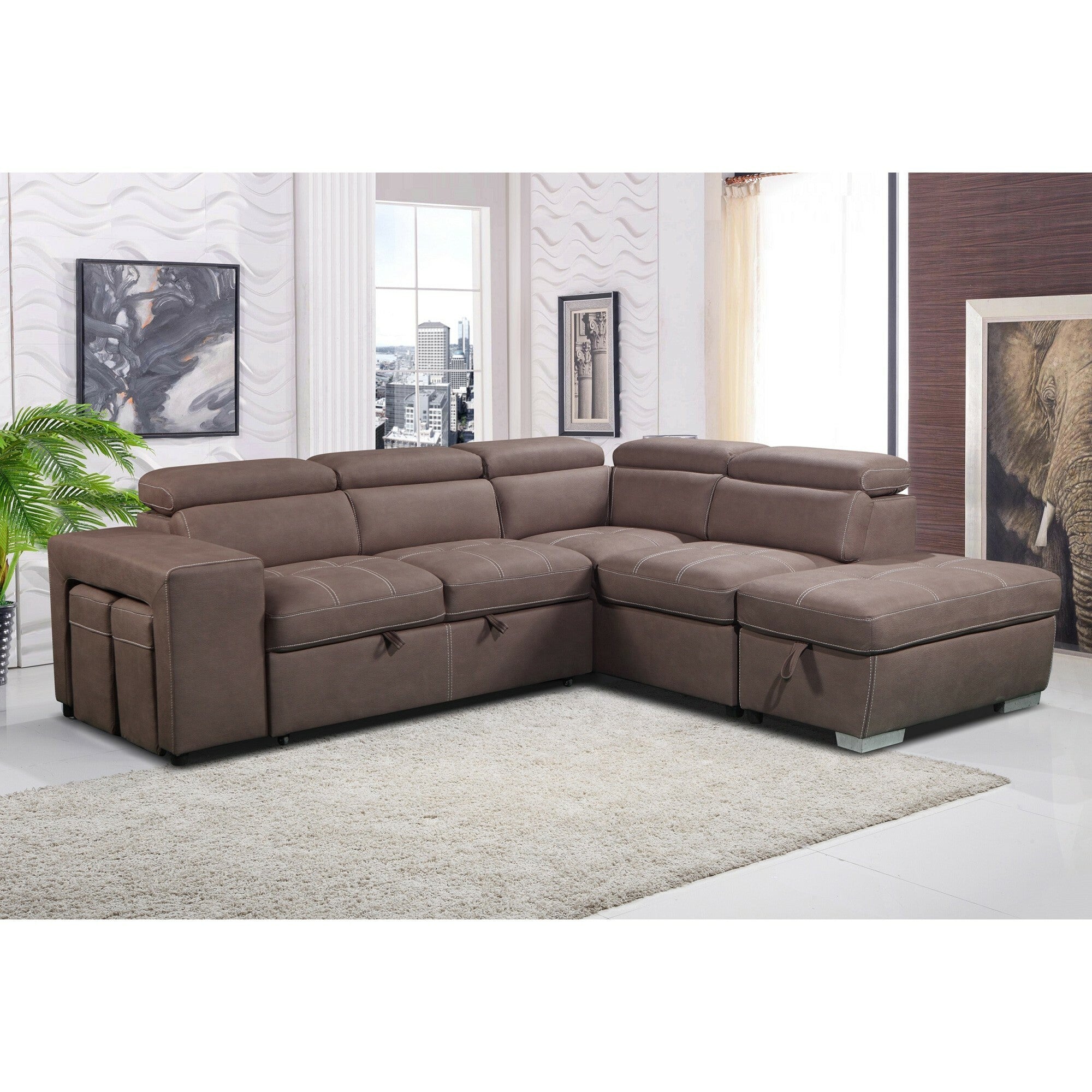 Peoria Fabric Corner Sofa / Pull Out Sofa Bed, 2 Seater with RHF Chaise & Ottomans