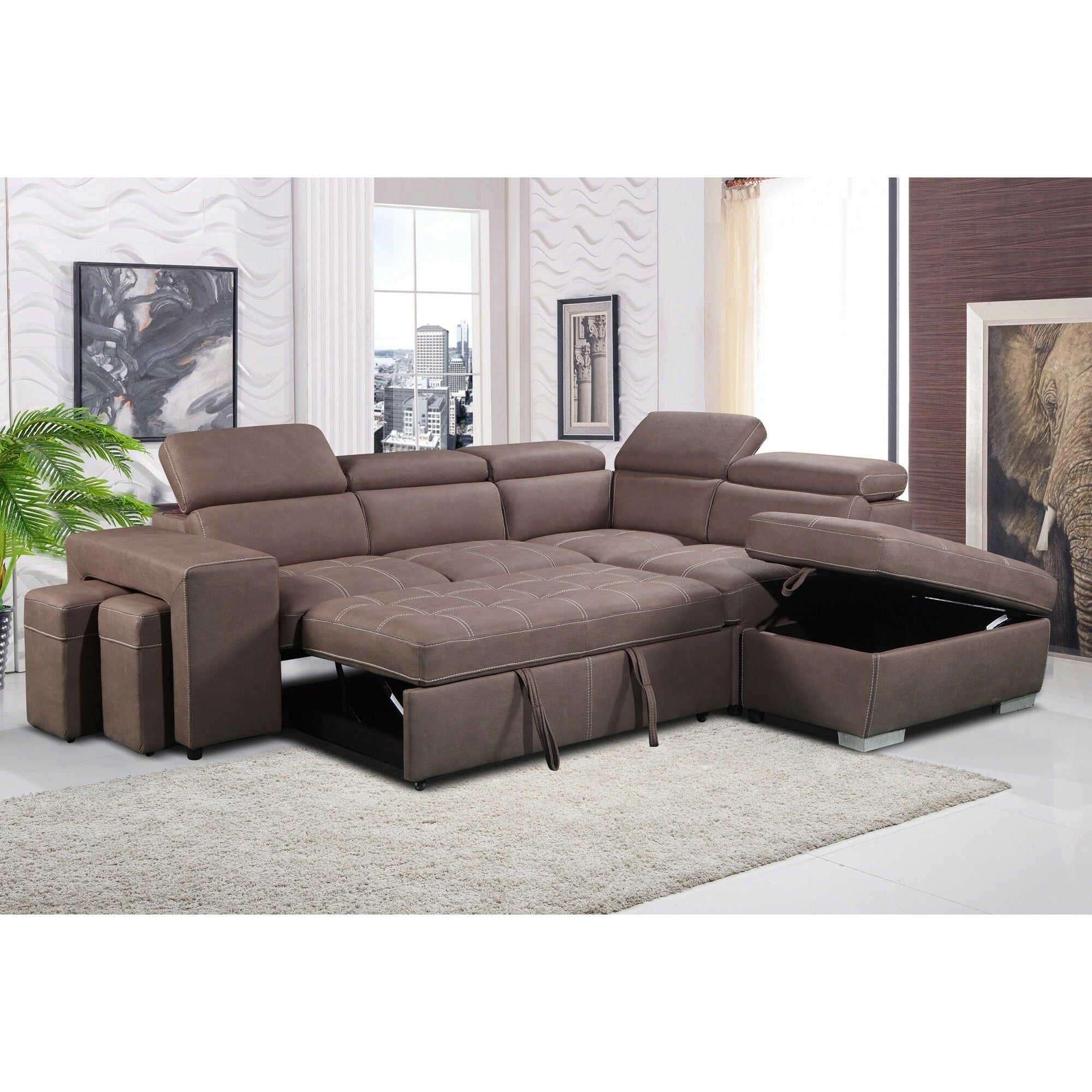 Peoria Fabric Corner Sofa / Pull Out Sofa Bed, 2 Seater with RHF Chaise & Ottomans
